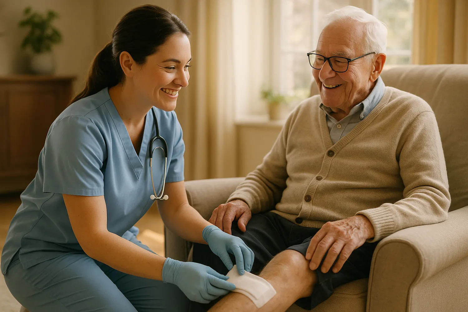 Wound care clinician assisting an elderly patient at home